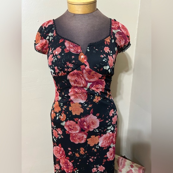 Y2K Zinc Dark Romantic Babydoll Midi Length Floral Dress USA Made (Runs Small) - Picture 2 of 11
